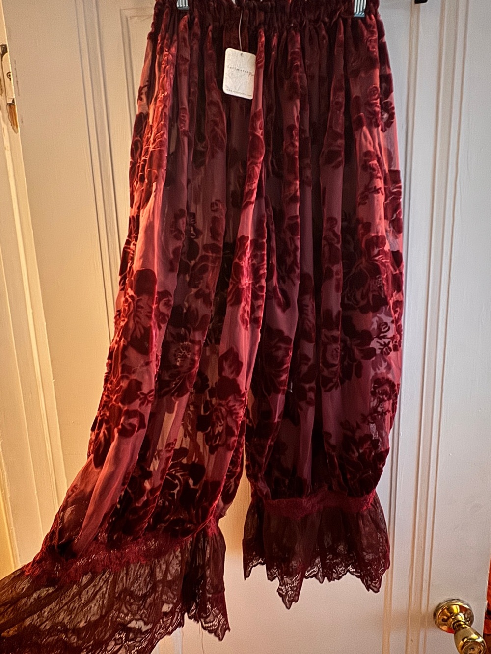 Free People Burgundy Velvet Floral Cropped Pants with Lace Trim